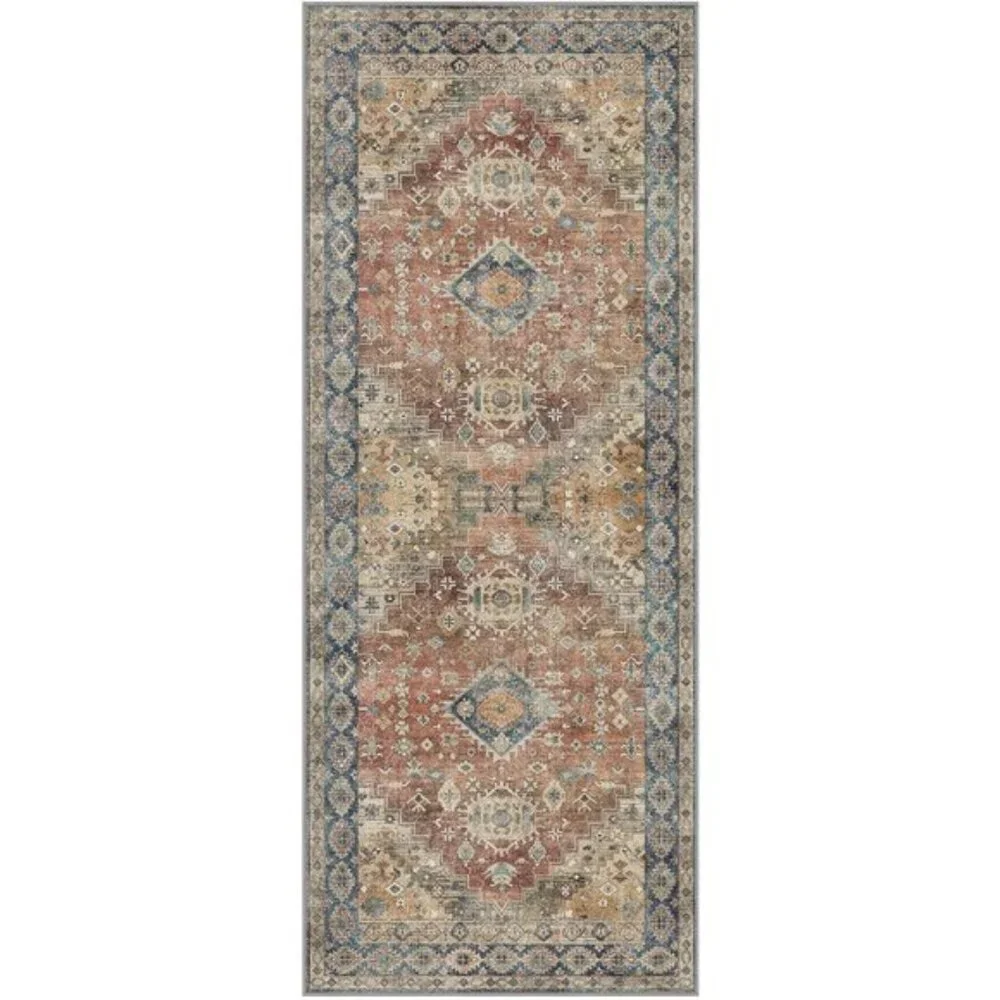 New 2x5 Non-Slip Runner Rug, Machine Washable Vintage Boho Chenille Carpet, Red